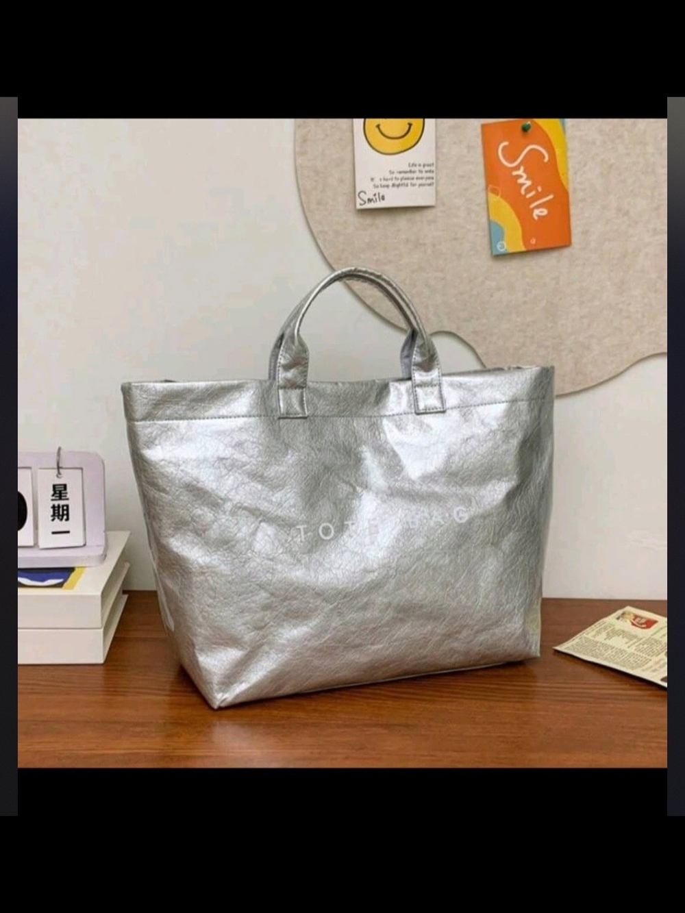 Silver Metallic Tote Bag with Top Handles